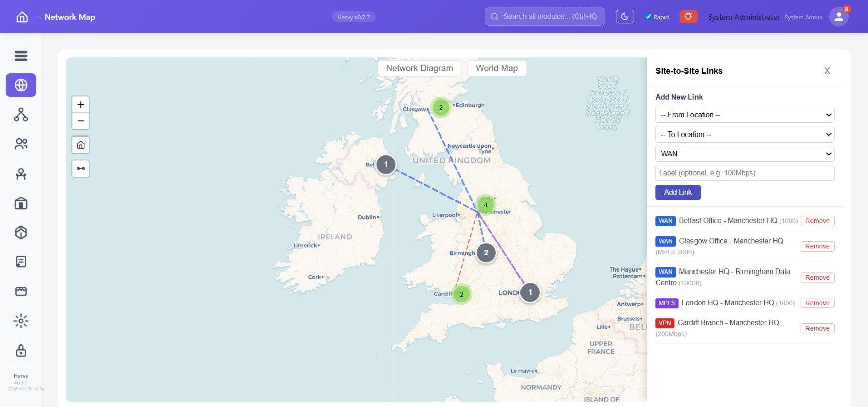 World map with site-link panel