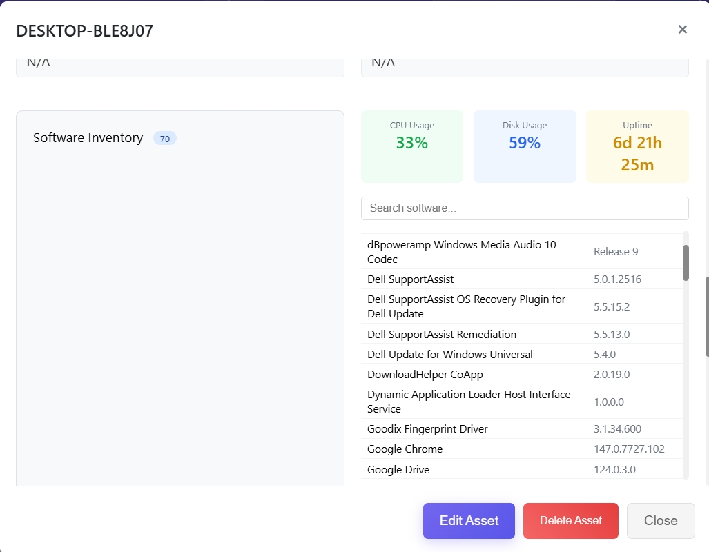 Asset software inventory modal