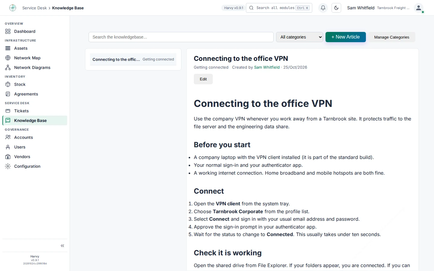 A Harvy knowledge base article titled Connecting to the office VPN, with step-by-step instructions