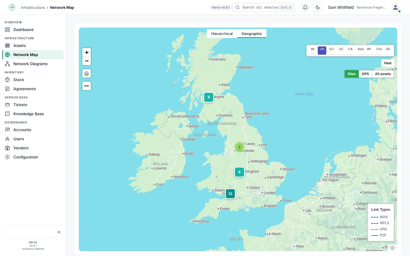 The Harvy geographic network map showing a company’s UK sites clustered on a map of Britain and Ireland